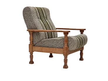 Danish armchair wool fabric, oak wood, 1970s