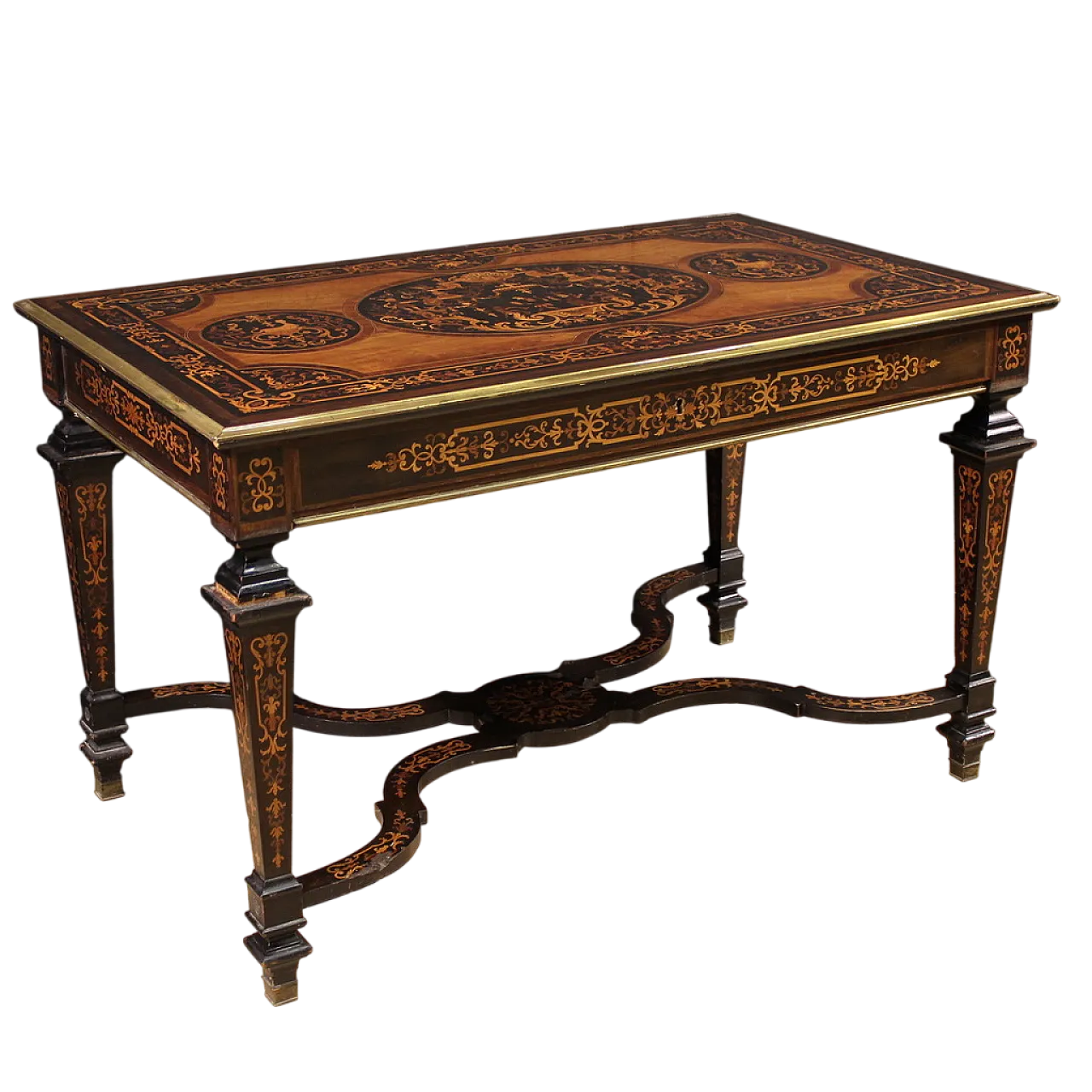 Tavolo scrittoio francese intarsiato in legni esotici, '900 13