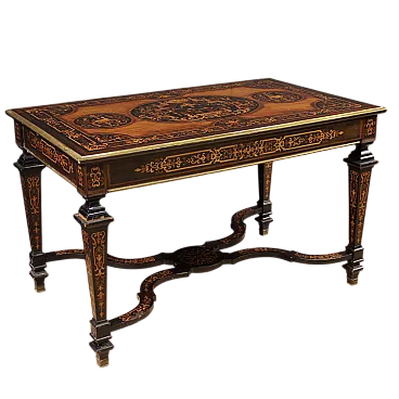 French inlaid writing table in exotic woods, 20th century