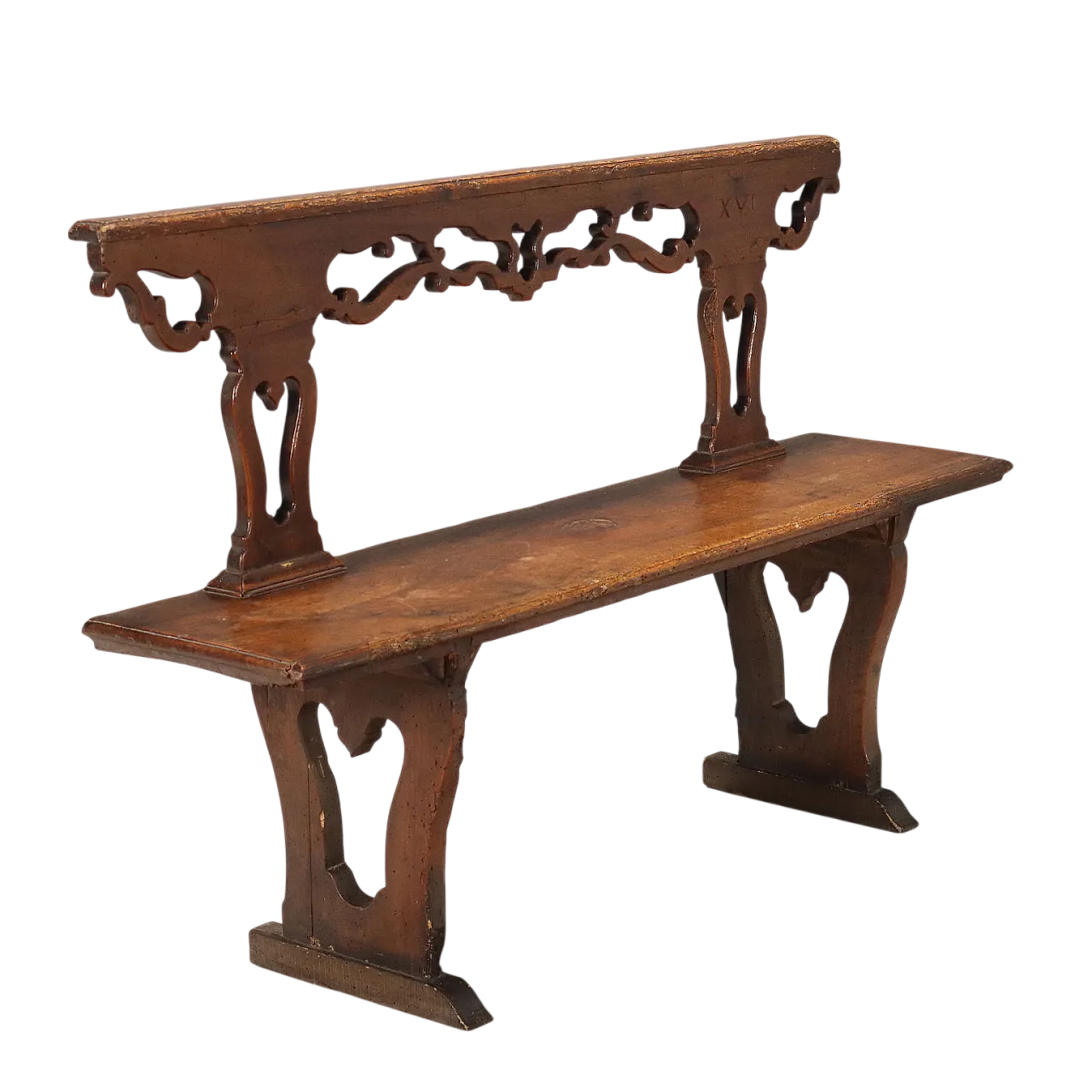 Panca in noce con schienale con fascia e montanti traforati, '700 8