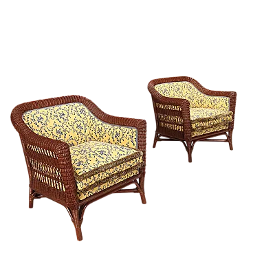 Coppia di poltrone in rattan con schienale e sedile imbottiti, '900