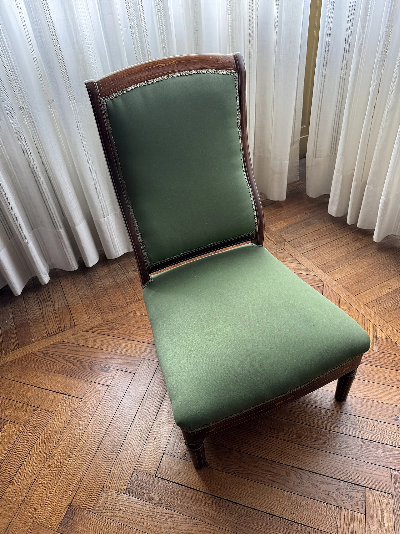 Armchair with curved backrest in wood and fabric, 20th century 1