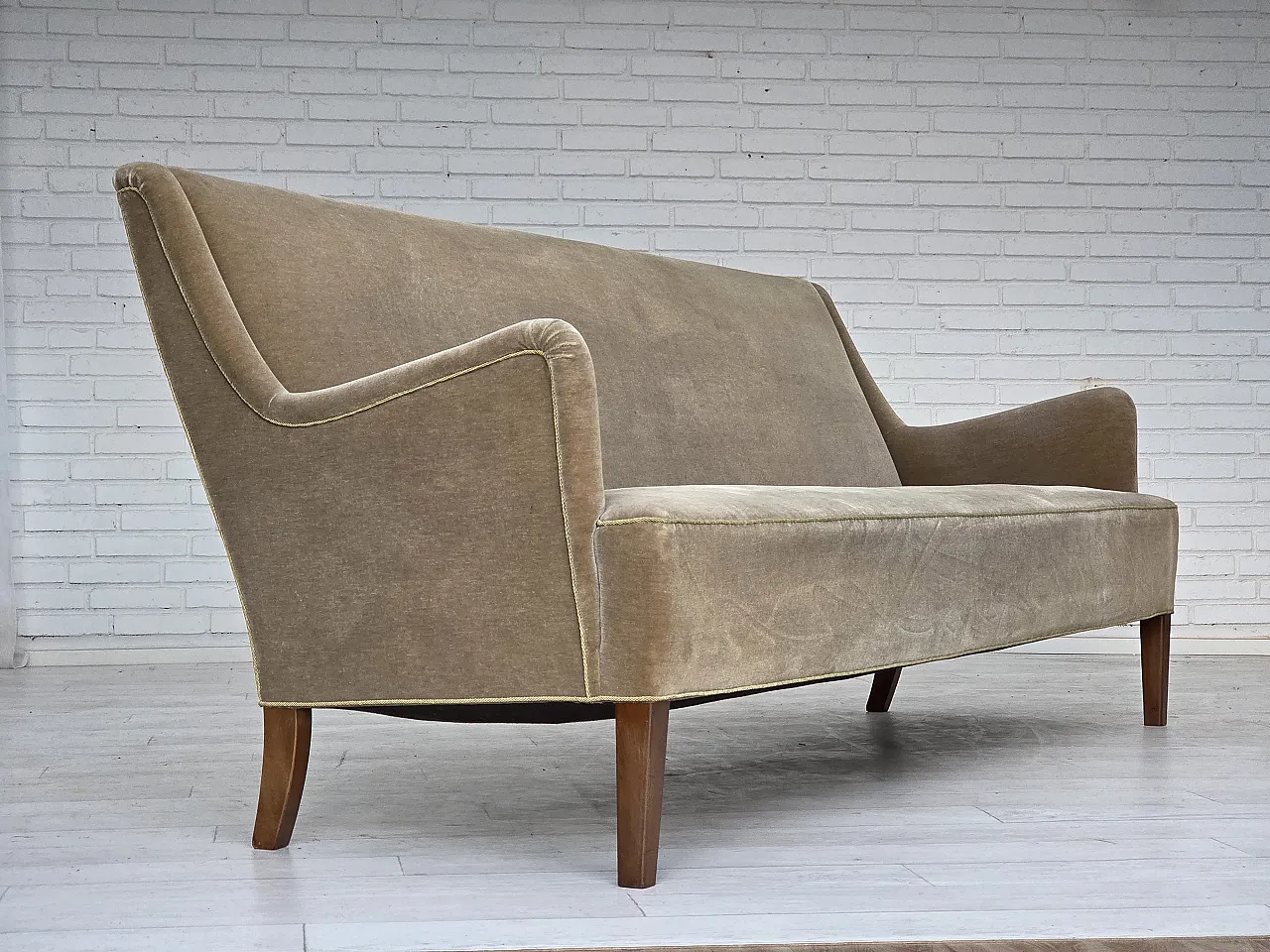 Danish 4-seater sofa, light green velour, 70s 1