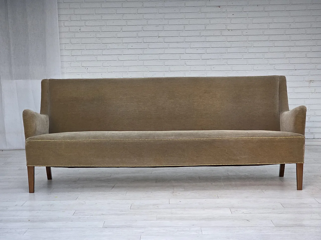 Danish 4-seater sofa, light green velour, 70s 2