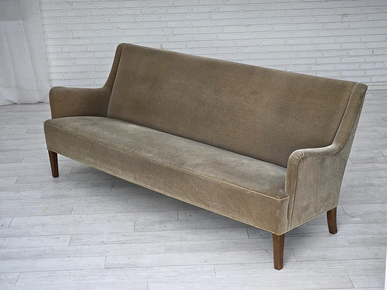 Danish 4-seater sofa, light green velour, 70s 15