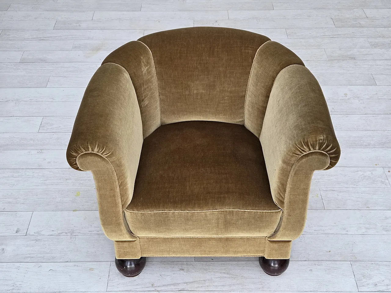 Poltrona relax danese velluto verde chiaro, legno di quercia, anni '60 2