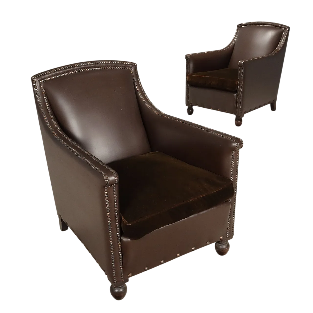 Coppia di poltrone in pelle con cuscini in velluto, '900 10