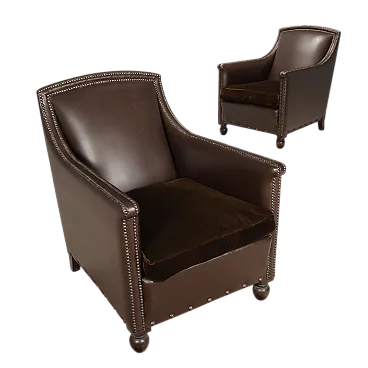 Coppia di poltrone in pelle con cuscini in velluto, '900