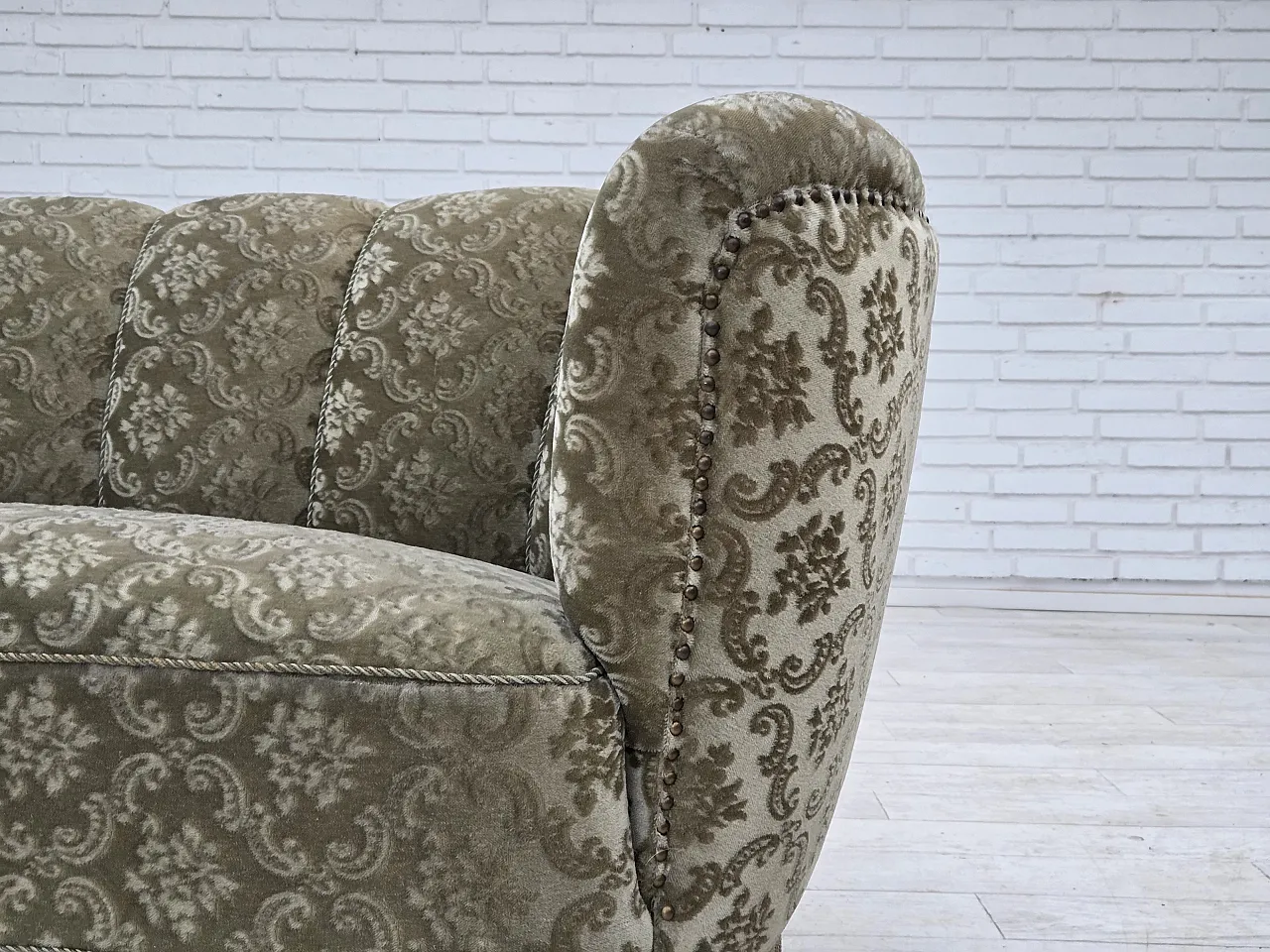 Danish 2-seater curved sofa, light green velour, 1960s 4