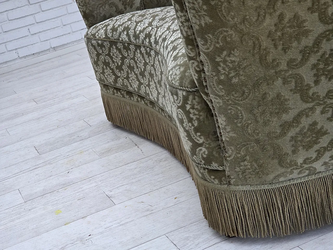 Danish 2-seater curved sofa, light green velour, 1960s 16