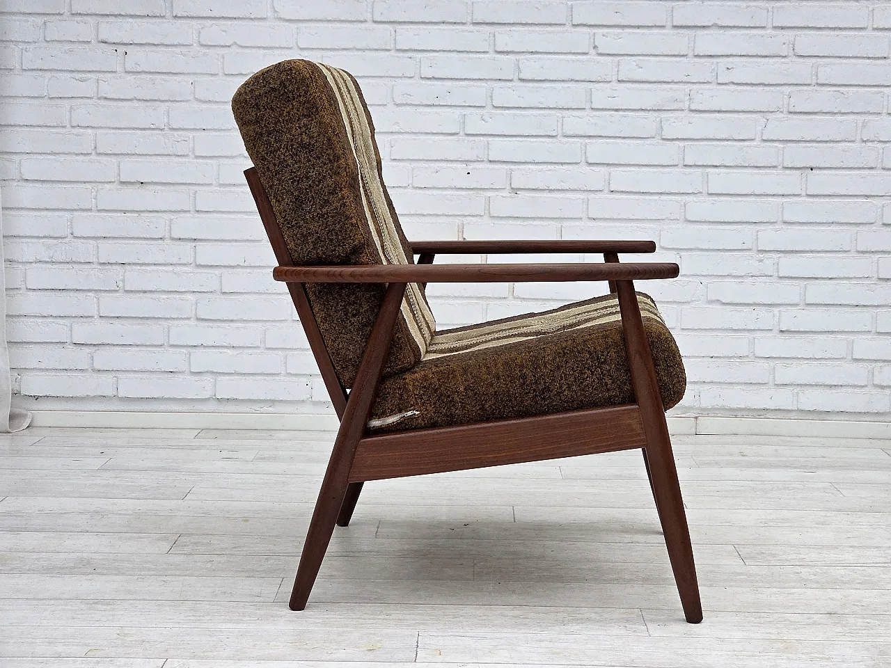 Danish armchair, teak wood, furniture wool fabric, 1970s 4