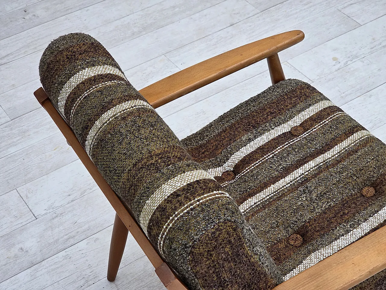 Poltrona danese, legno di faggio, tessuto di lana, anni '70 7