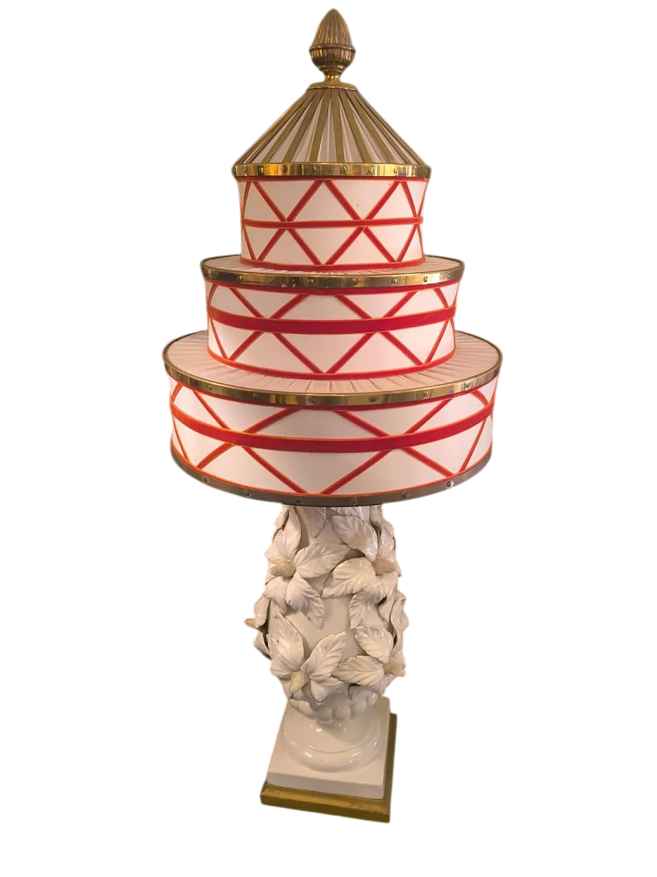 Coppia di lampade in ceramica con paralumi in tessuto e ottone,anni 50 25