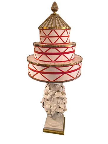 Pair of ceramic lamps with fabric and brass lampshades, 1950s