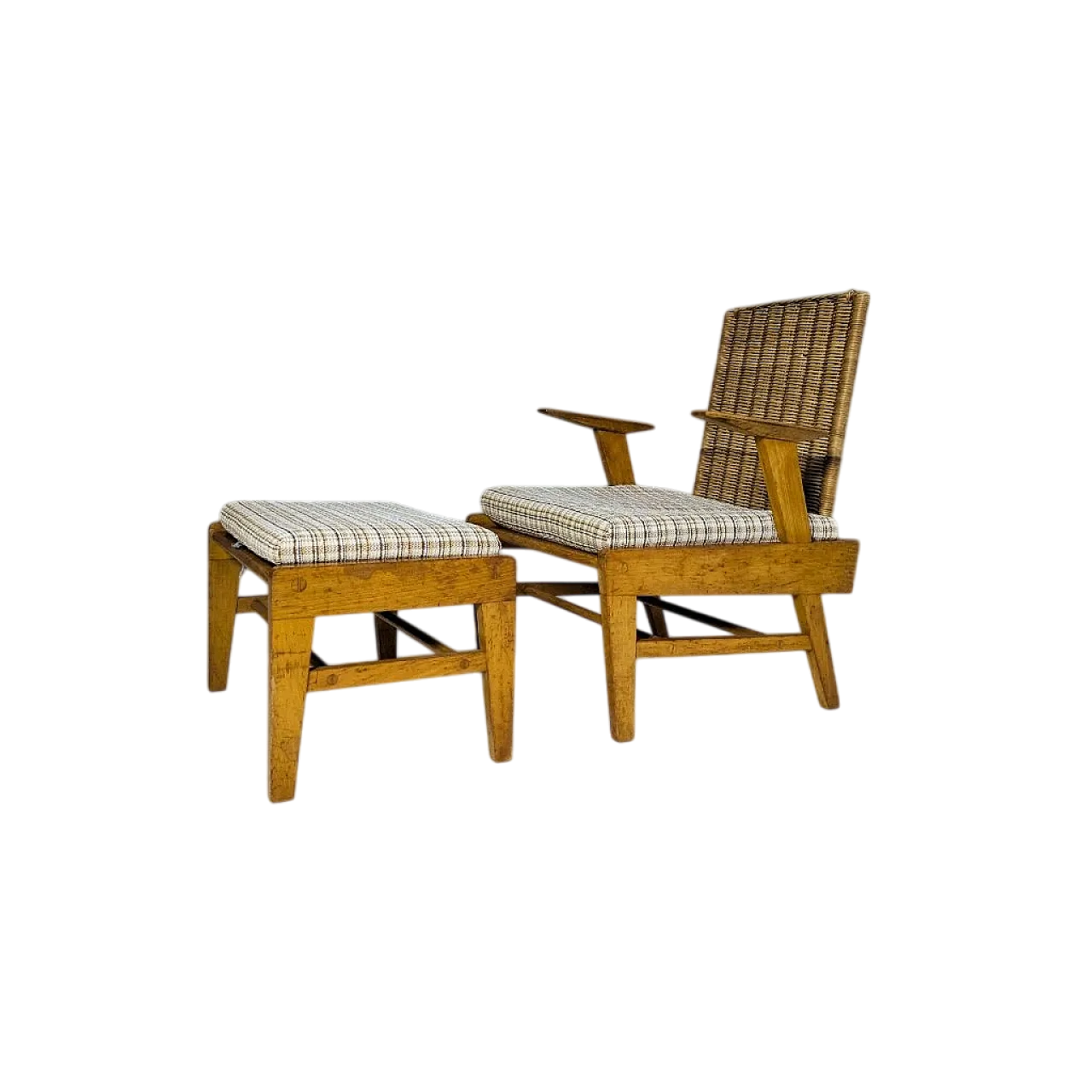 Sculptural beech and rattan armchair with footstool by ÚĽUV, 1960s 6