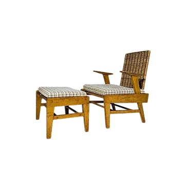 Sculptural beech and rattan armchair with footstool by ÚĽUV, 1960s