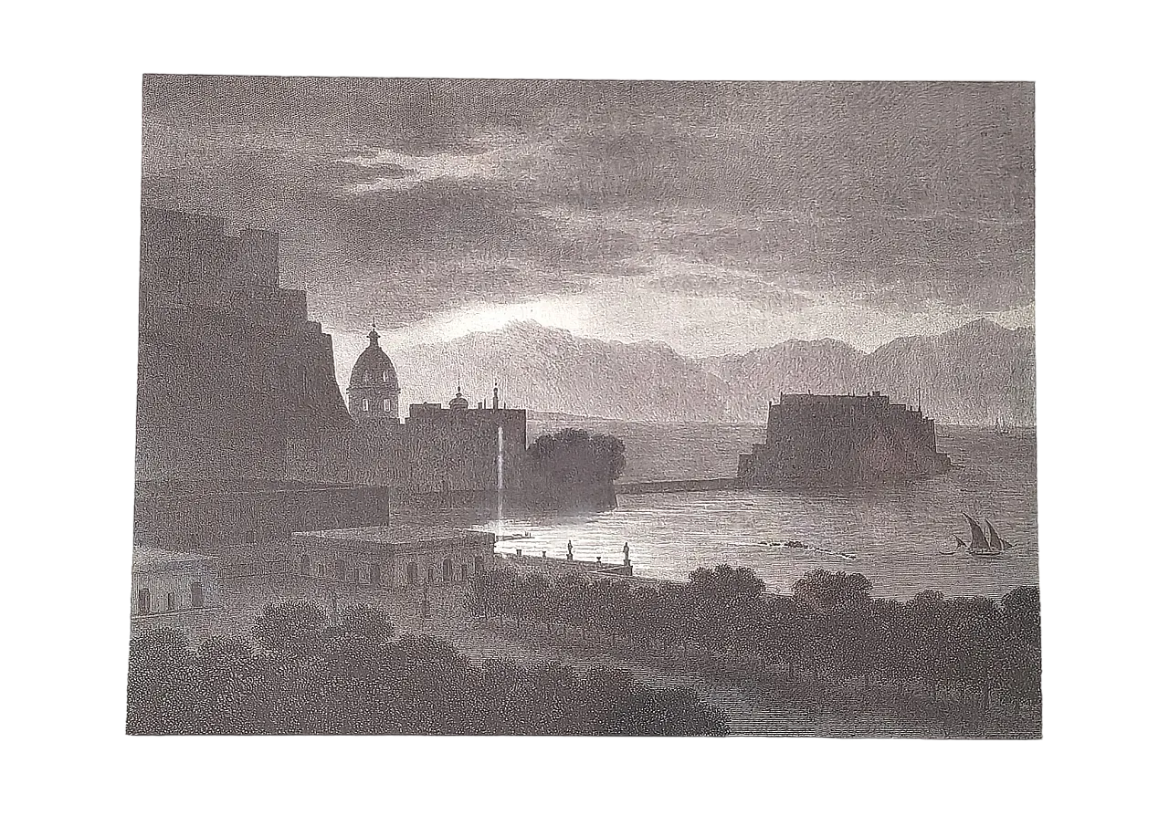 Stampa di paesaggio di Napoli vista su Castel dell’Ovo, 20s 9