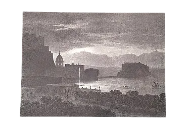 Stampa di paesaggio di Napoli vista su Castel dell’Ovo, 20s
