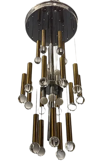 Lampadario Mid-Century cromato e ottone di Sciolari, anni '70
