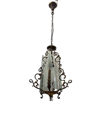 Art Deco pendant lamp in bronze and engraved glass