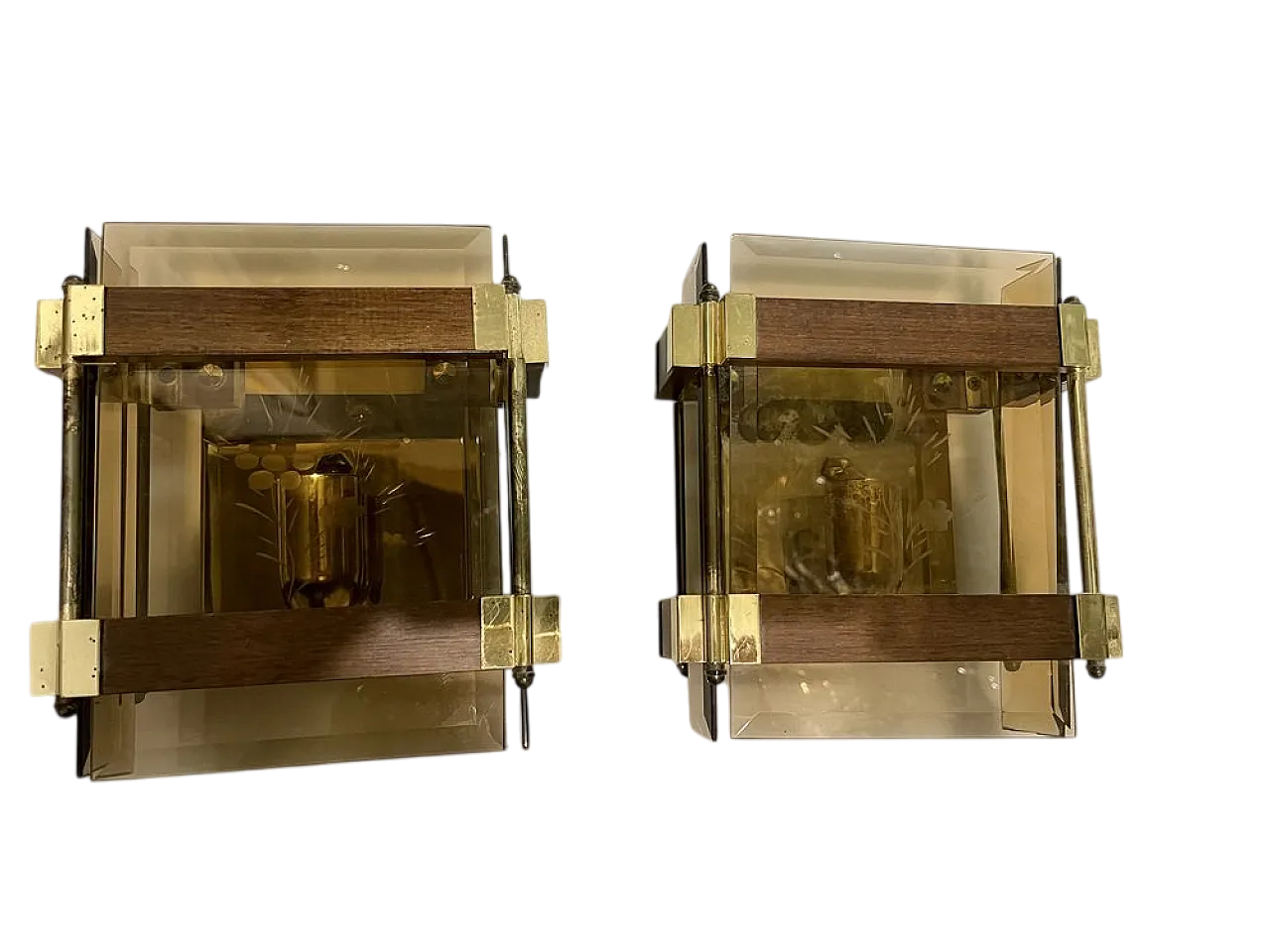 Coppia di appliques in vetro fumé e ottone, anni '70 7