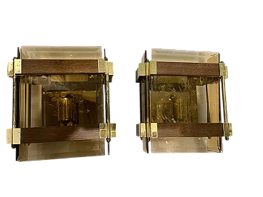 Coppia di appliques in vetro fumé e ottone, anni '70