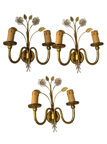 3 applique in vetro di Murano dorato, anni '70