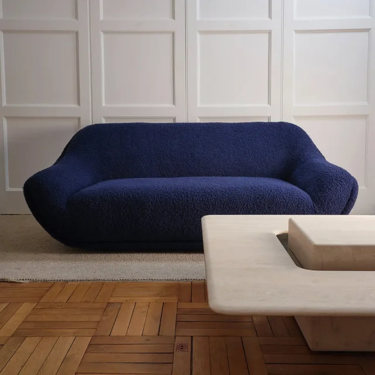 Blue curvy fabric sofa, 1970s 3