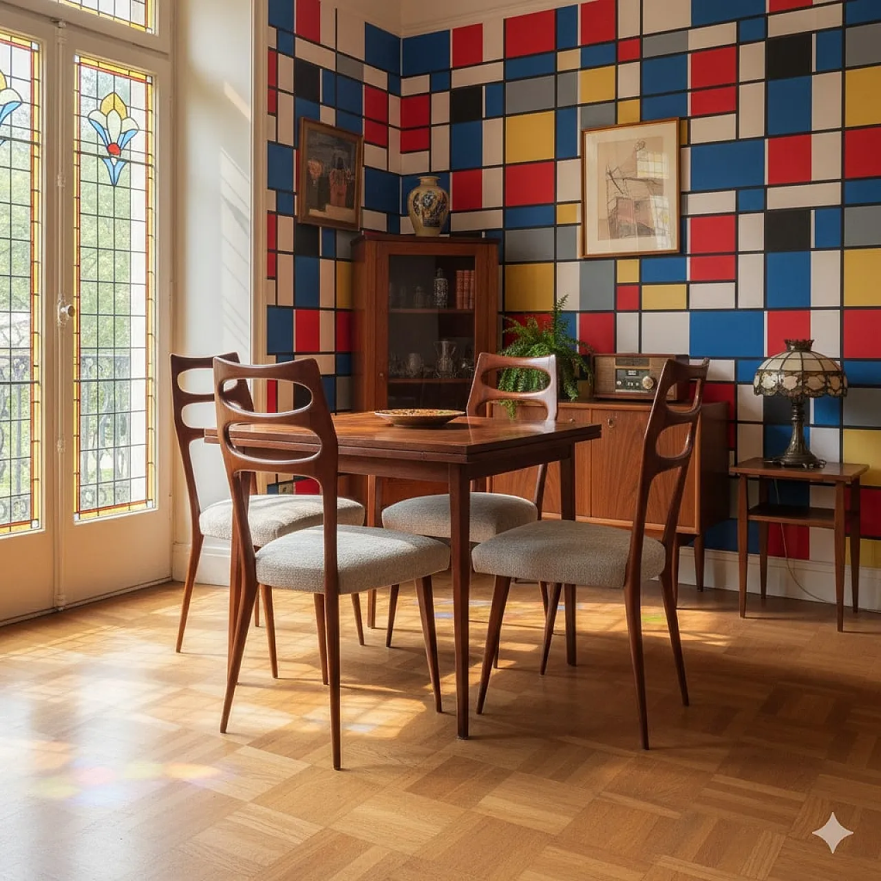 5 Sedie da pranzo in legno di faggio e tessuto, '900 2