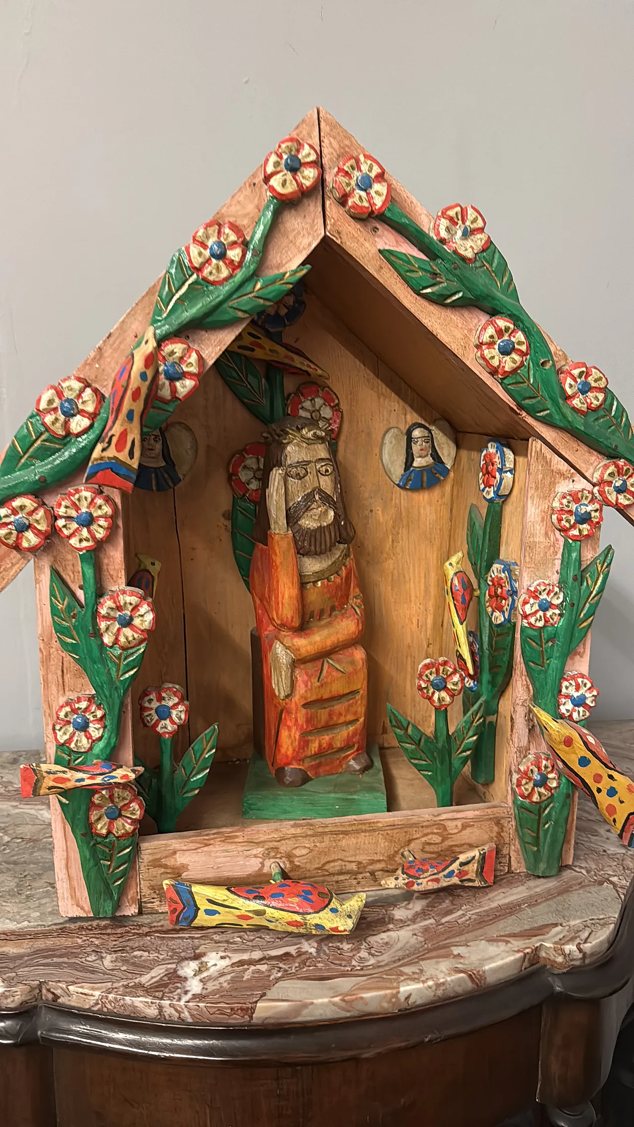 Contemporary work in painted wood, Hut with Jesus, 2000s 2
