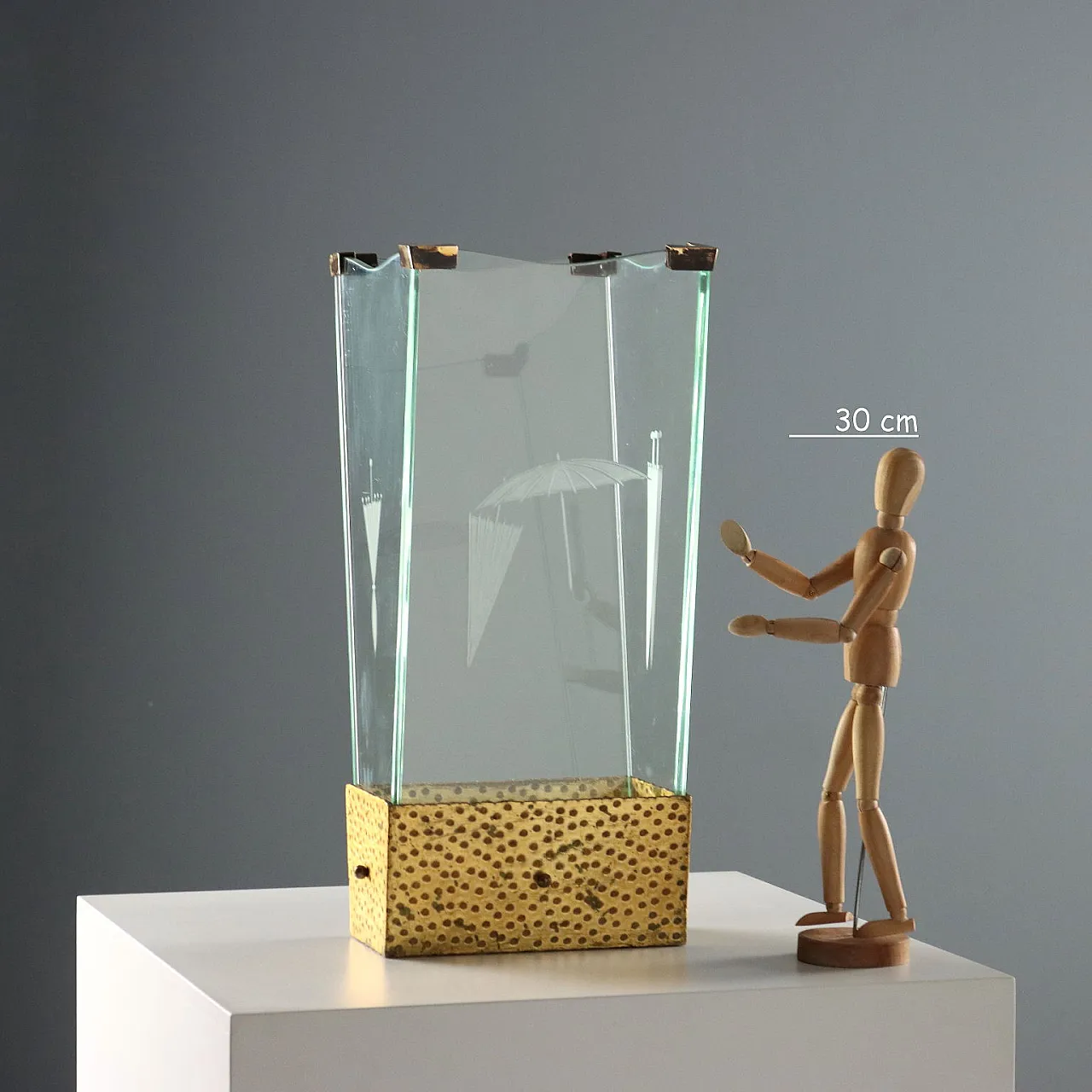 Portaombrelli in vetro acidato con vassoio in ferro battuto, '900 2