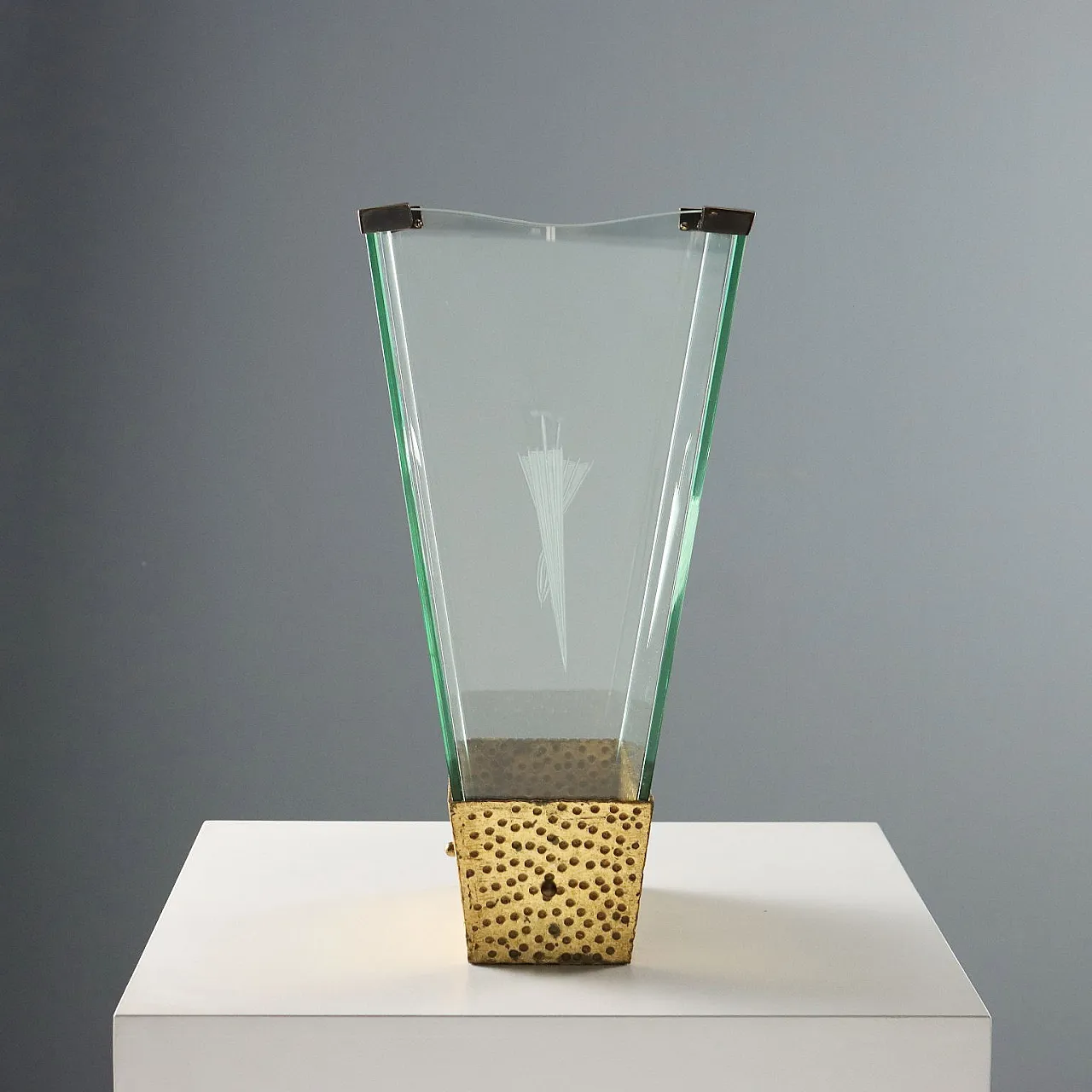 Portaombrelli in vetro acidato con vassoio in ferro battuto, '900 7