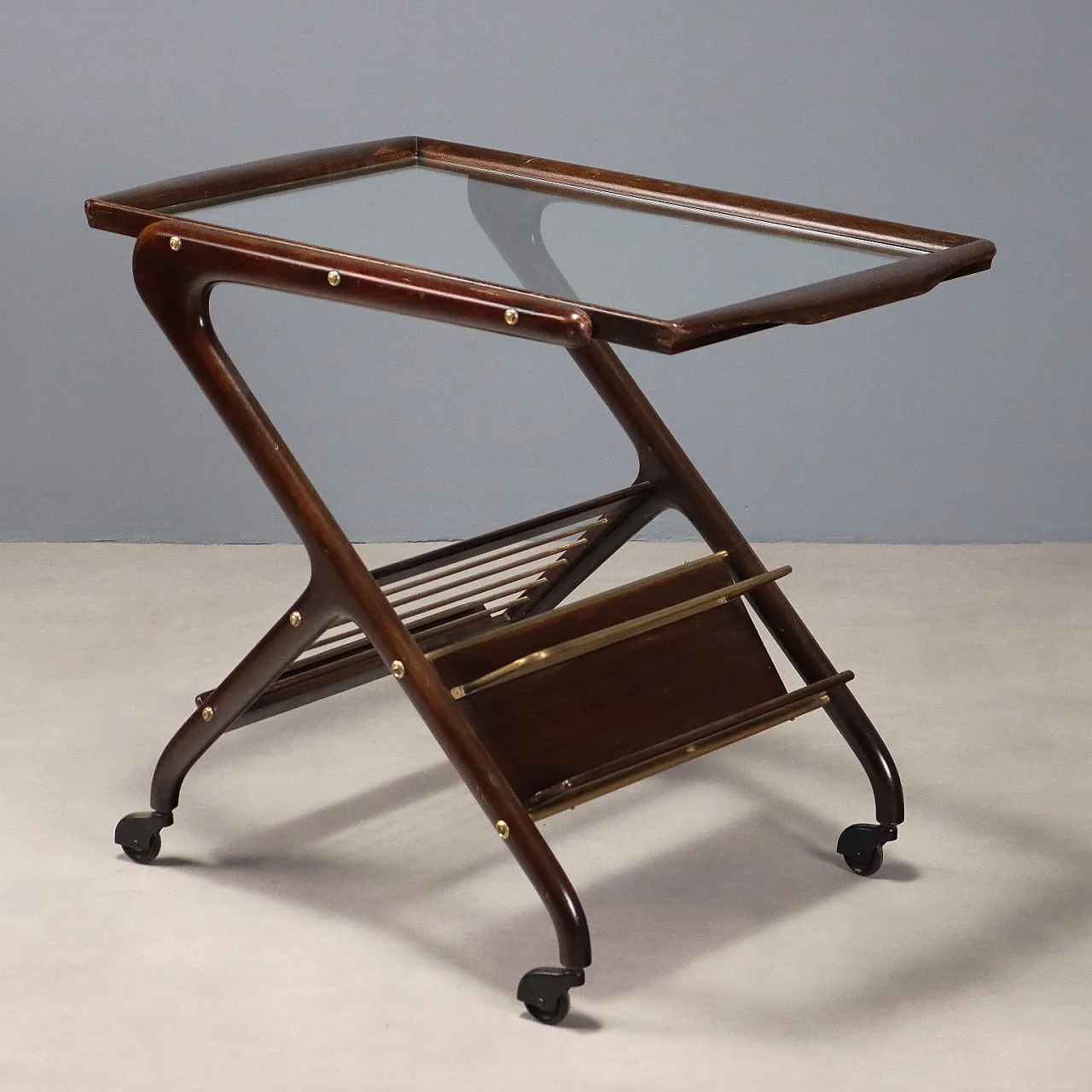 Carrello da cucina in faggio tinto, piano in vetro e ruote, '900 1