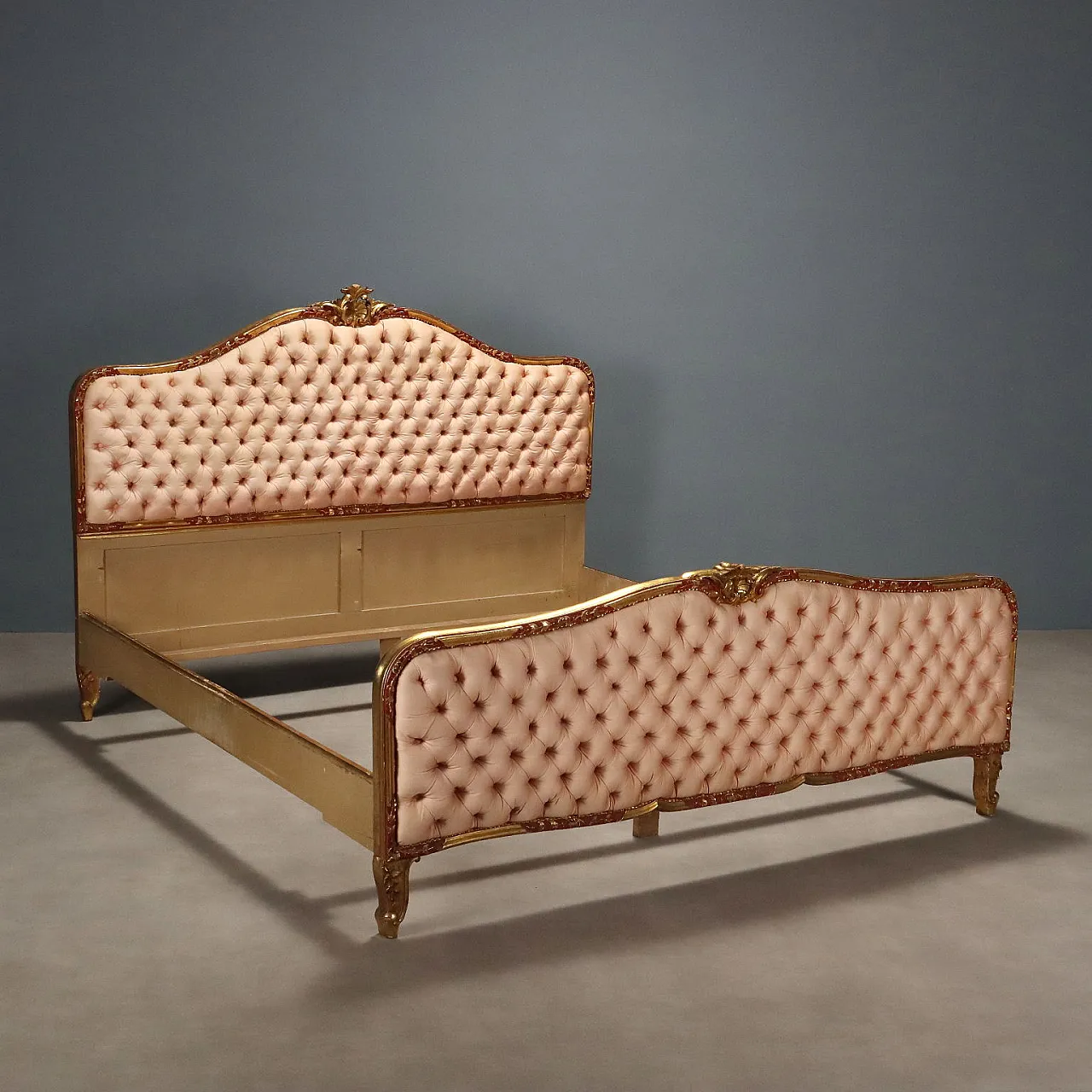 Wooden bed with capitonné finish, 20th century 1