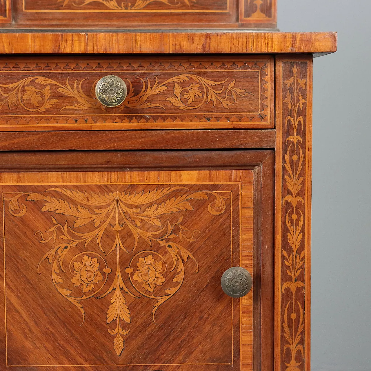 Comodino in faggio impiallacciato e mogano, primo '900 6