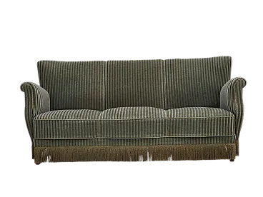Danish 3-seater sofa, green velour, oak wood, 1960s