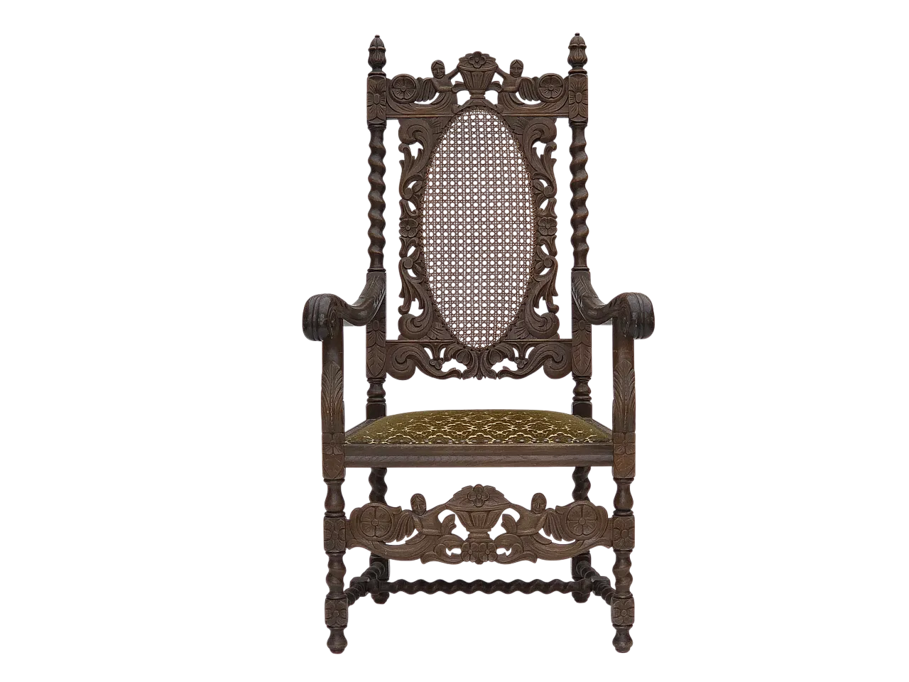 Danish highback armchair velour, carved oak, anni '30 22