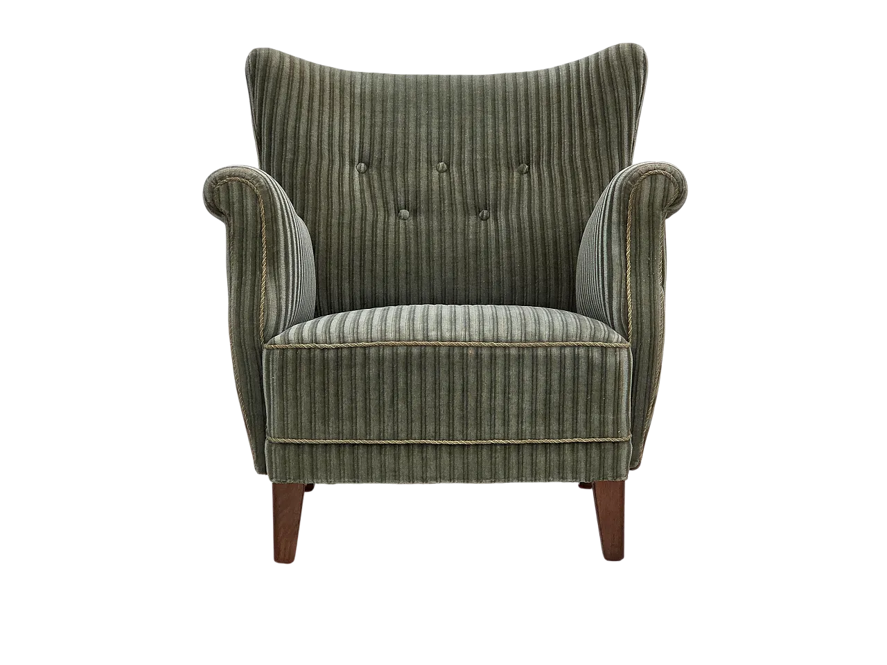 Poltrona danese, velluto verde, quercia, anni '60 17