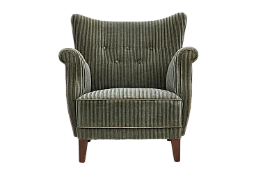 Danish armchair, green velour, oak wood legs, 1960s