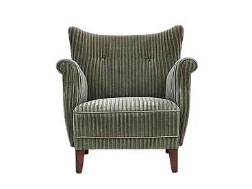 Danish armchair, green velour, oak wood legs, 1960s