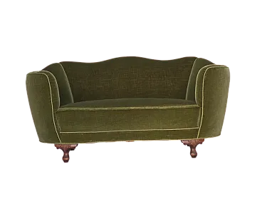 Danish curved 2-seater sofa, green velour, oak wood, 1960s