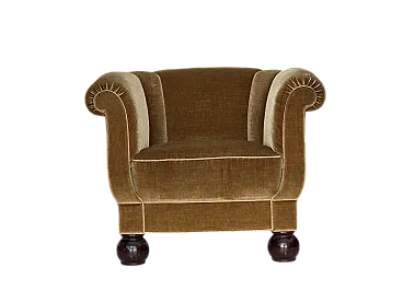 Danish relax armchair, light green velour, oak wood, 1960s