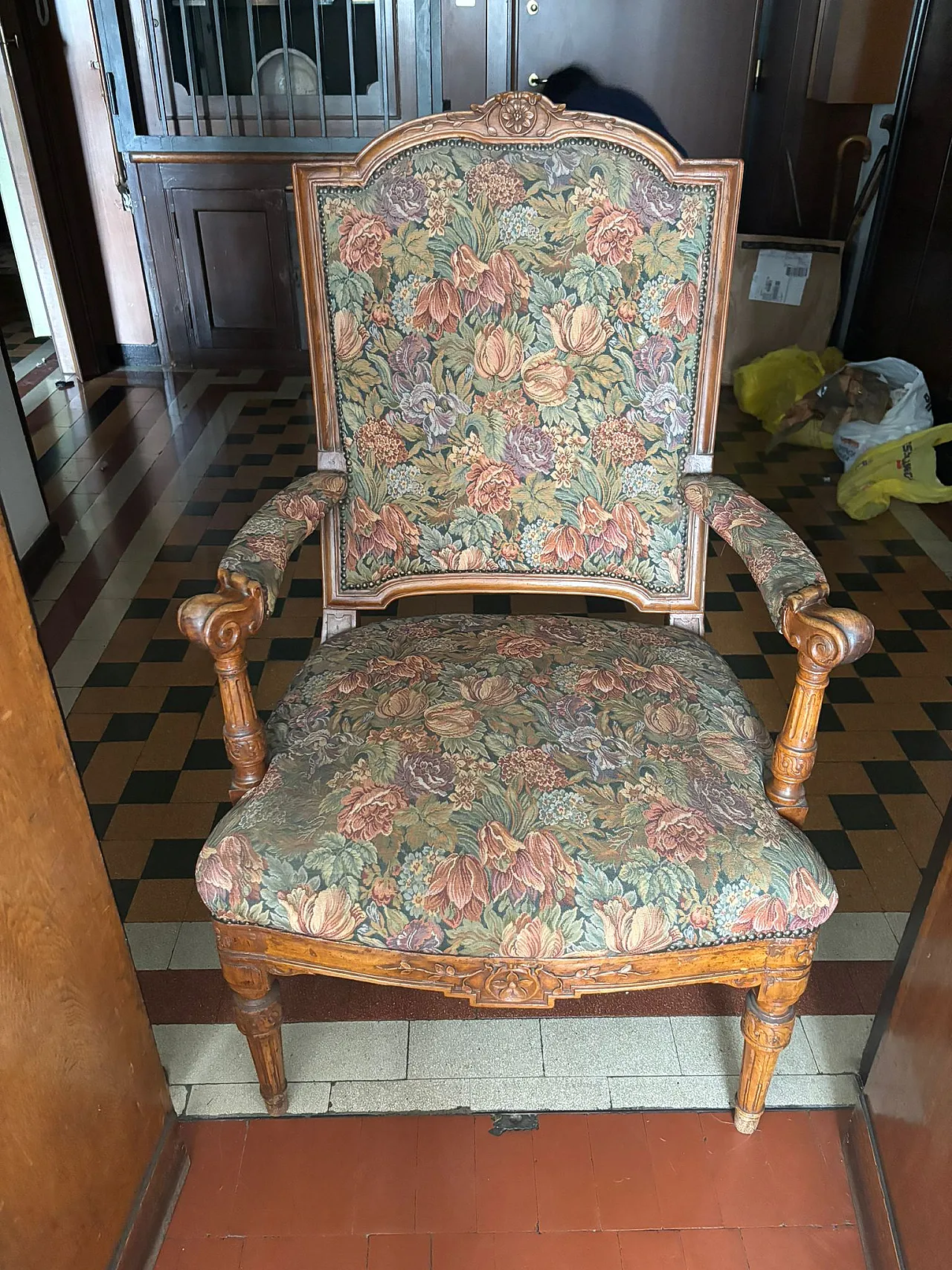 Carved wooden armchair with floral fabric, 50s 1