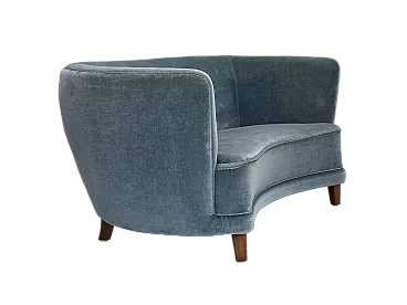 Danish 2-seater curved sofa, blue velour, 1970s