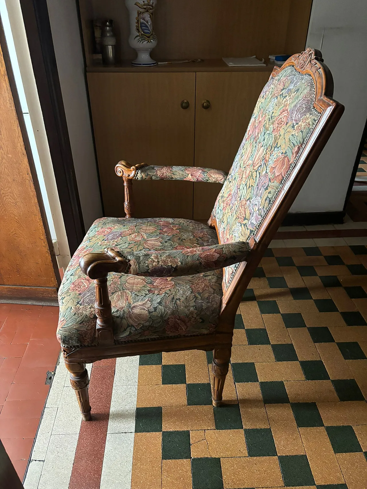 Carved wooden armchair with floral fabric, 50s 2