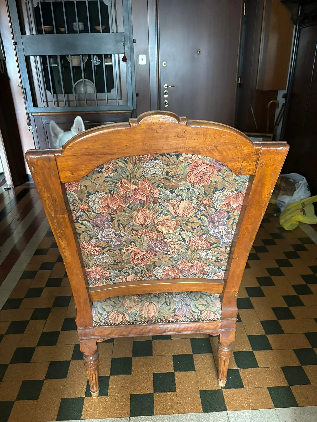 Carved wooden armchair with floral fabric, 50s 3