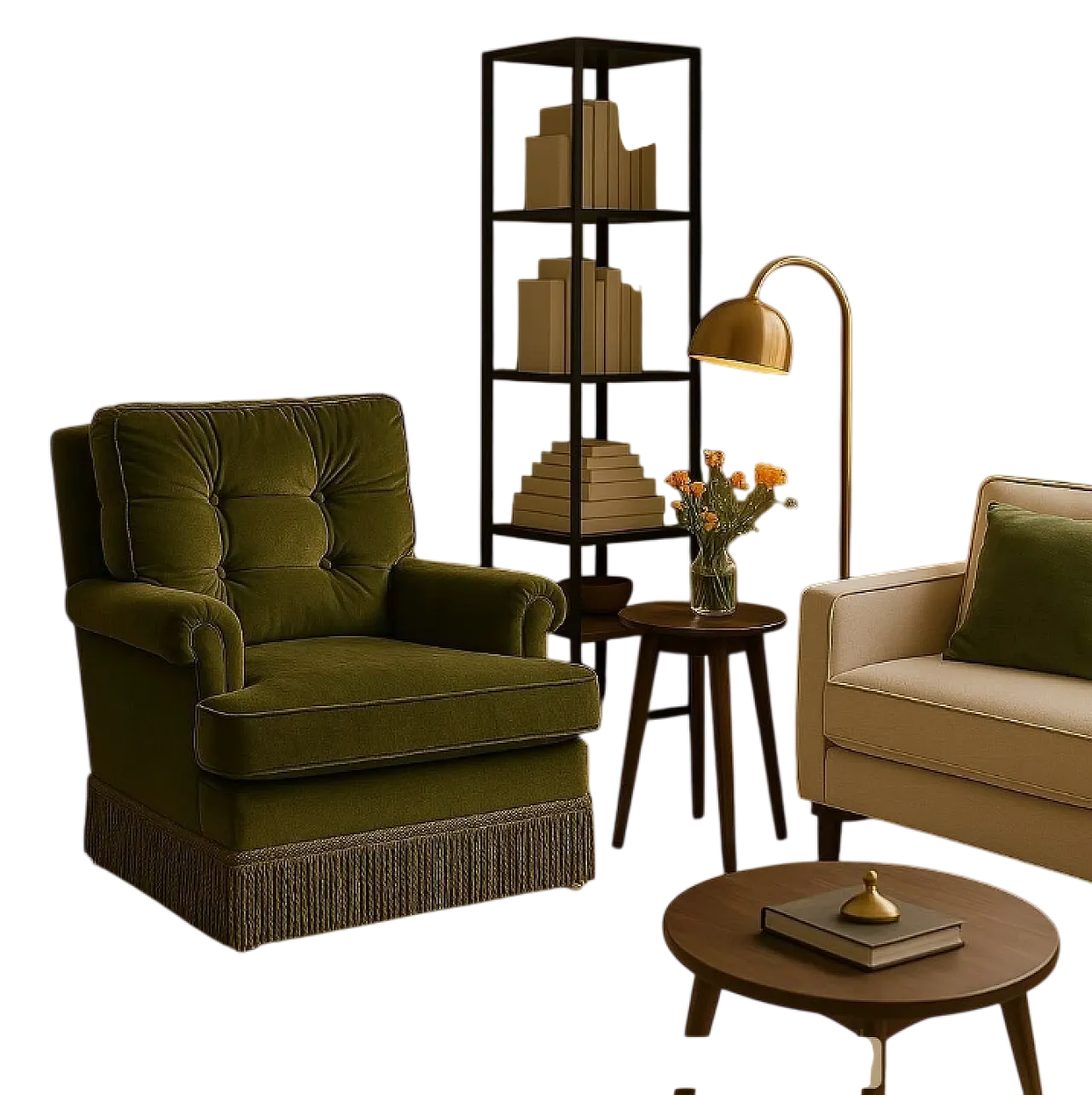 Olive green armchair, feather padding, 60s 8