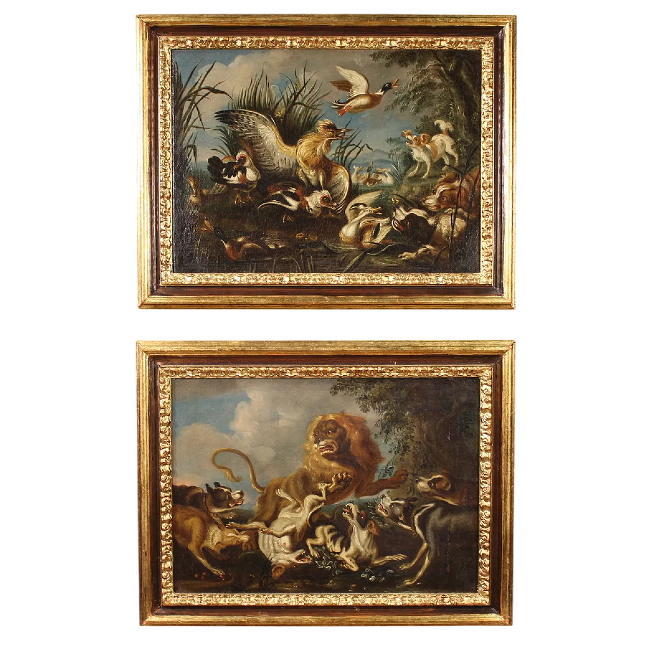 Pair of Flemish paintings, hunting scenes, 18th century, 16