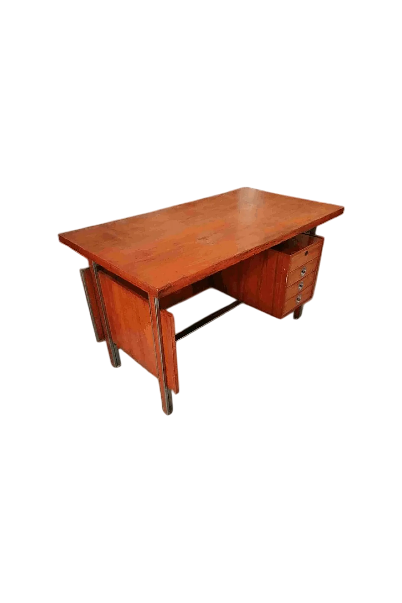 Desk in Veneered Wood, Metal with Leather Finish, 1950s 4