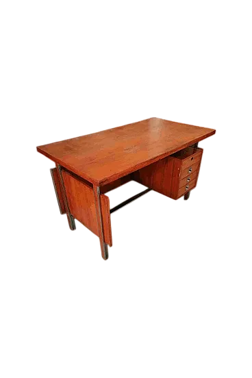 Scrivania in legno impiallacciato, metallo con finitura in pelle, anni '50